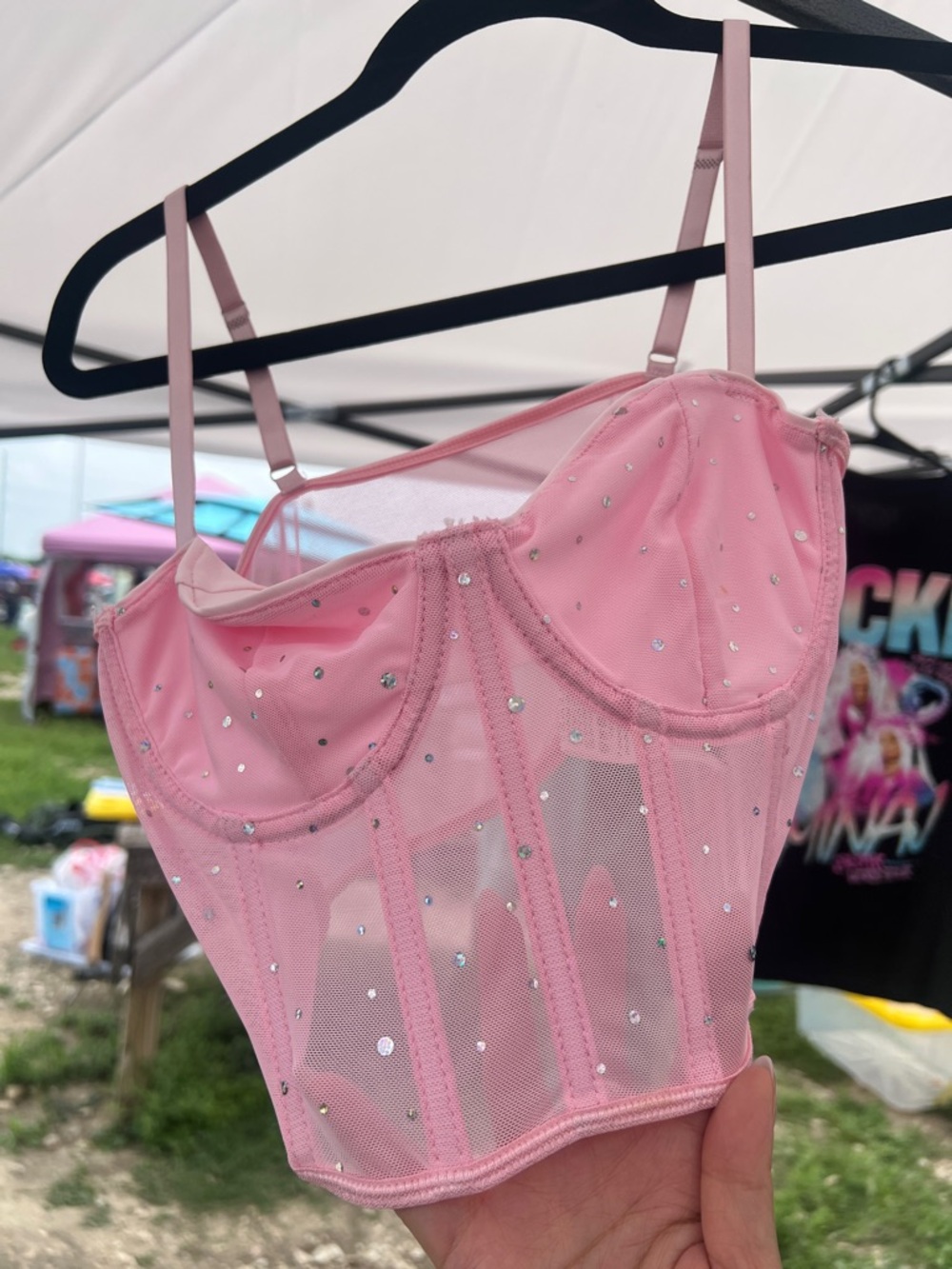 Pink Rhinestone Mesh Bustier Crop Top - Women Intimates & Sleepwear